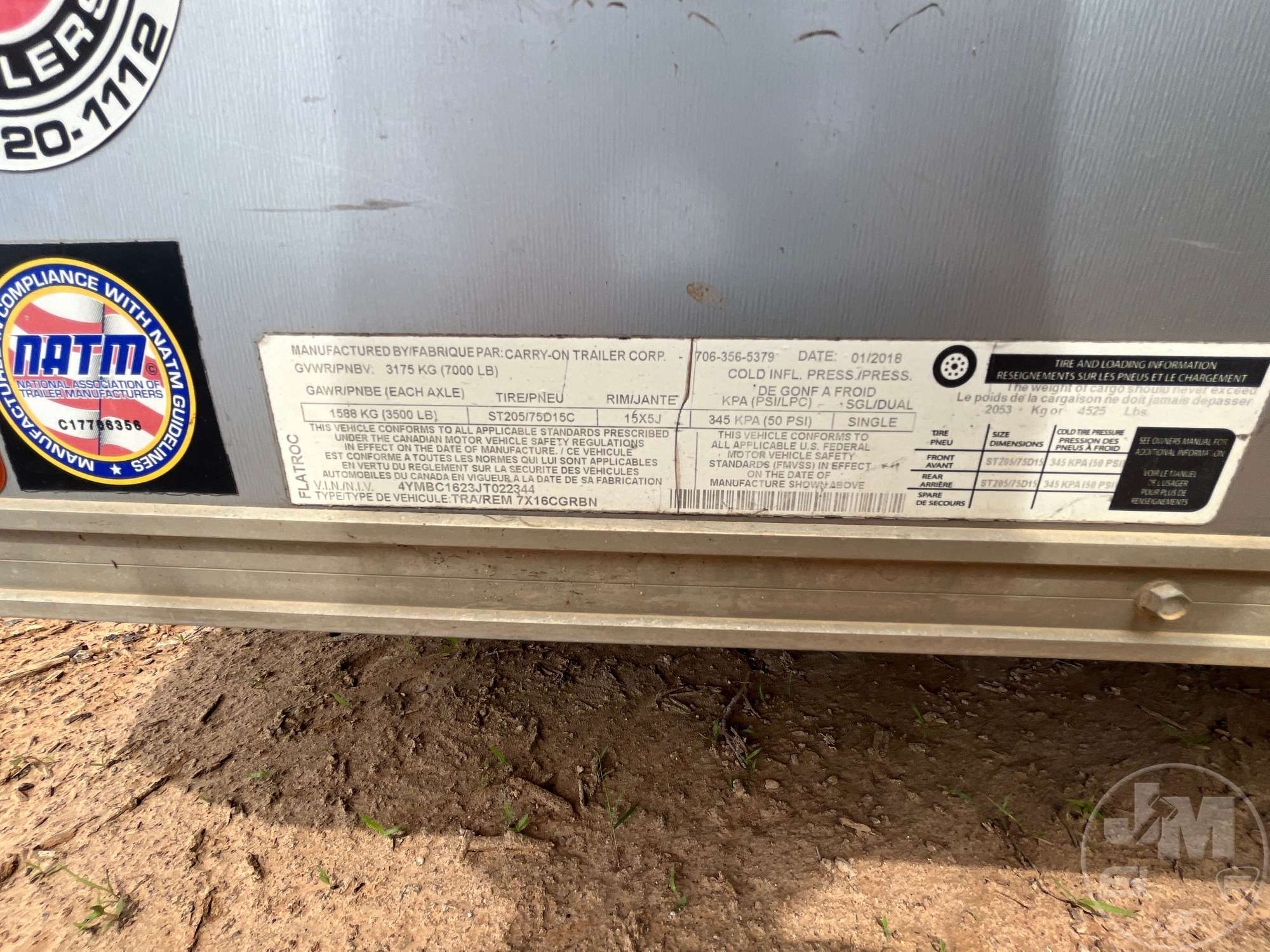 2018 Carry On 7X16CGRBN T/A